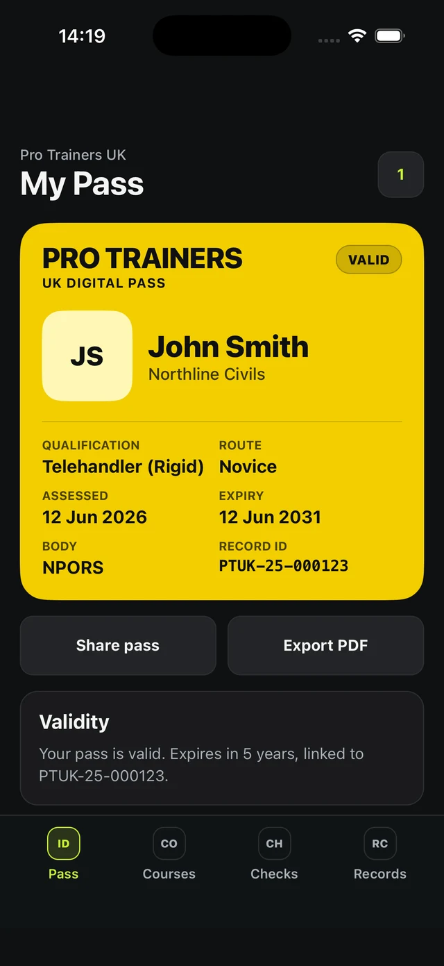 The Pro Trainers app showing a digital training pass with qualification, route, assessed and expiry dates